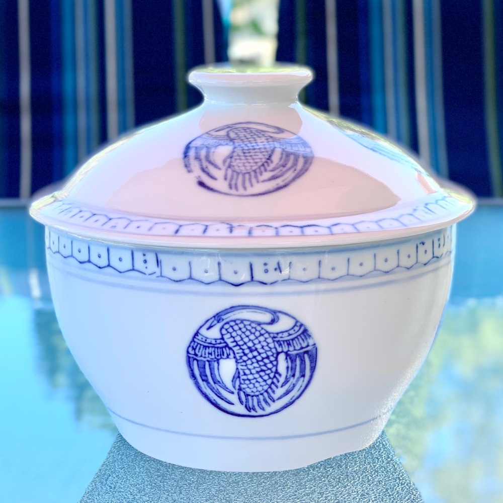 Asian Blue Phoenix White Serving Bowl with Lid